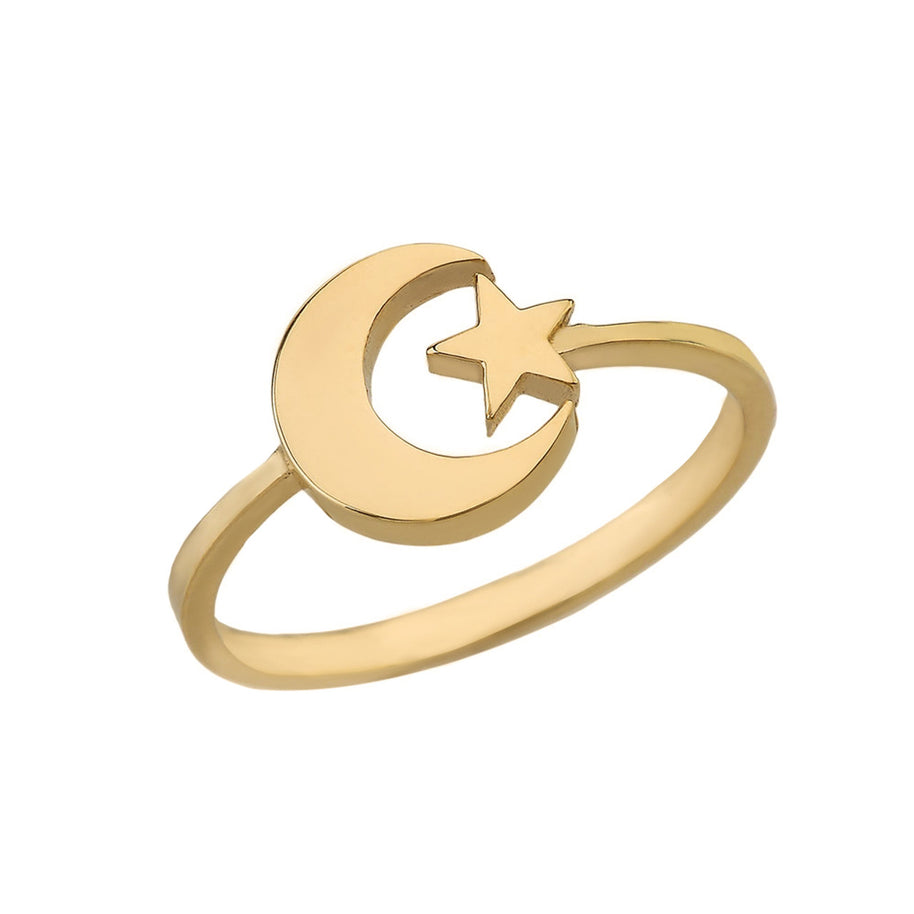Gold Islam Crescent Moon & Star Ring (Available in Yellow/Rose/White Gold)