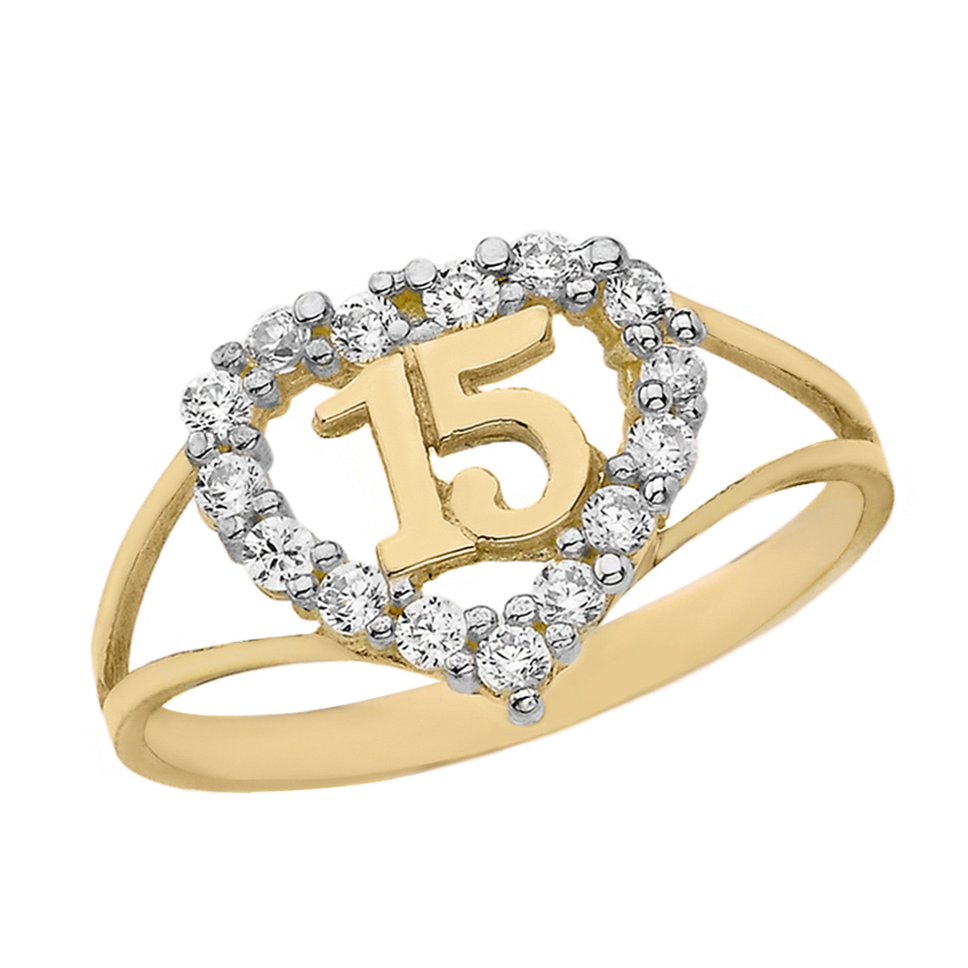 Gold Cubic Zirconia Heart Halo 15 Años Quinceañera Ring (Available in Yellow/Rose/White Gold)