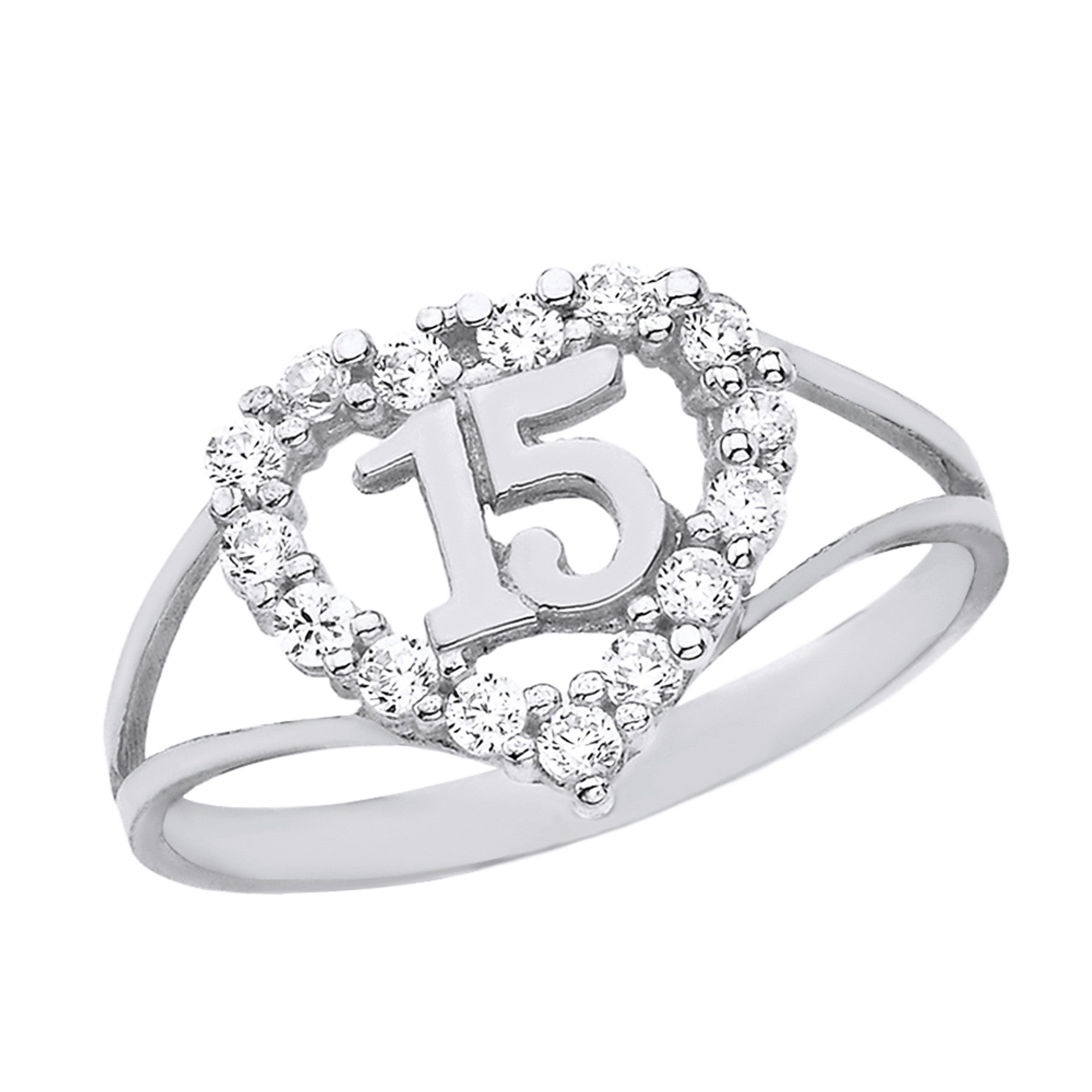 .925 Sterling Silver Cubic Zirconia Heart Halo 15 Años Quinceañera Ring