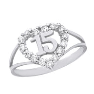 .925 Sterling Silver Cubic Zirconia Heart Halo 15 Años Quinceañera Ring