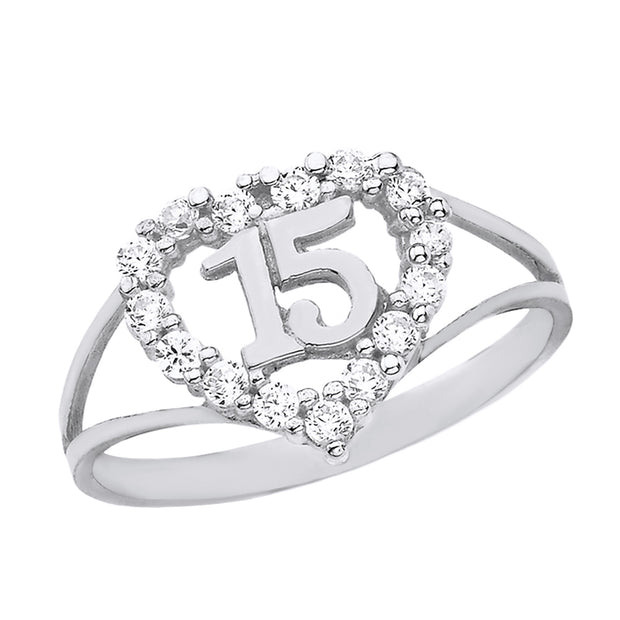 .925 Sterling Silver Cubic Zirconia Heart Halo 15 Años Quinceañera Ring