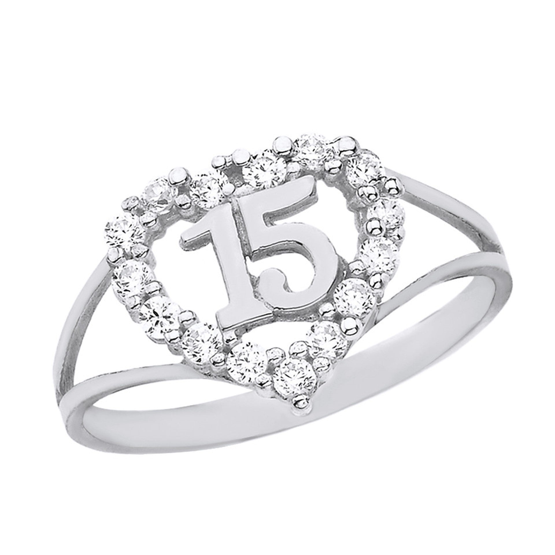 Gold Cubic Zirconia Heart Halo 15 Años Quinceañera Ring (Available in Yellow/Rose/White Gold)