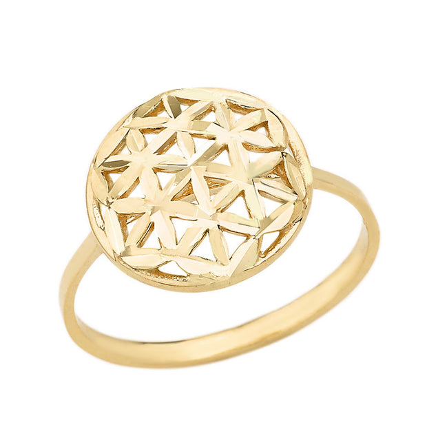 Gold Sparkle Cut Flower of Life Disc Ring (Available in Yellow/Rose/White Gold)