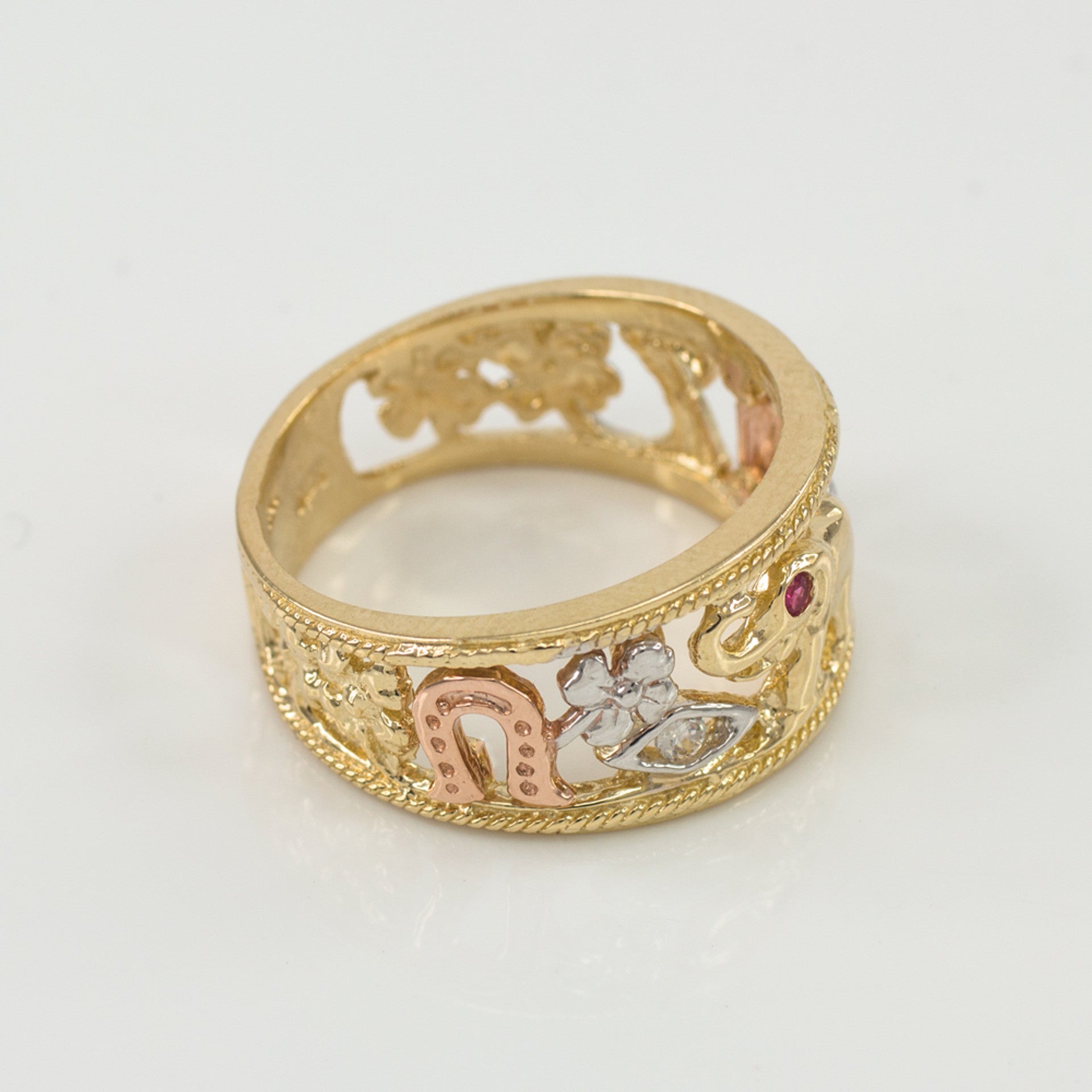 Tri-tone Solid Gold Red CZ Lucky Ring (Available in Yellow/White Gold)
