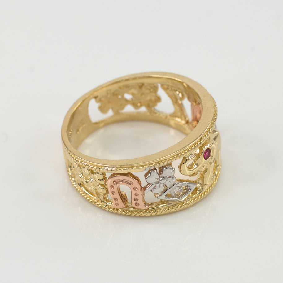 Tri-tone Solid Gold Red CZ Lucky Ring (Available in Yellow/White Gold)
