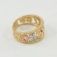 Tri-tone Solid Gold Red CZ Lucky Ring (Available in Yellow/White Gold)
