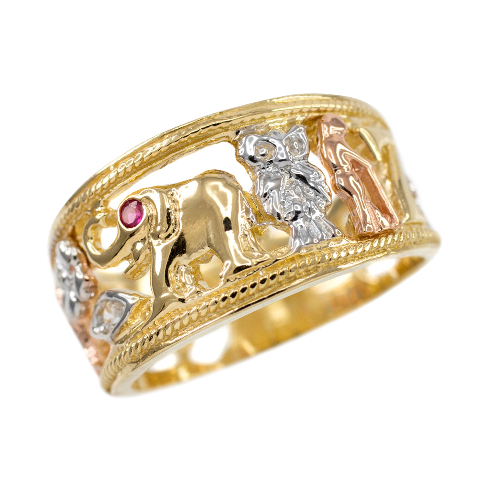 Tri-tone Solid Gold Red CZ Lucky Ring (Available in Yellow/White Gold)