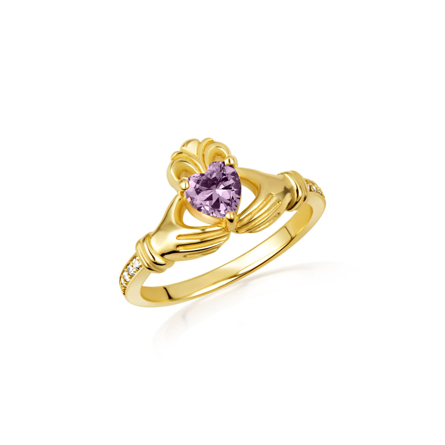 Gold Woman's Cherished Claddagh CZ Birthstone Ring with Diamonds (Available in Yellow/Rose/White Gold)