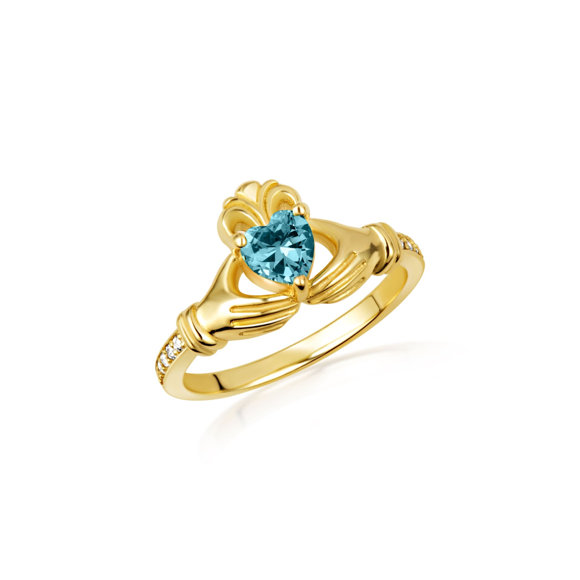 Gold Woman's Cherished Claddagh CZ Birthstone Ring with Diamonds (Available in Yellow/Rose/White Gold)