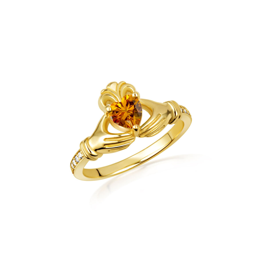 Gold Woman's Cherished Claddagh CZ Birthstone Ring with Diamonds (Available in Yellow/Rose/White Gold)