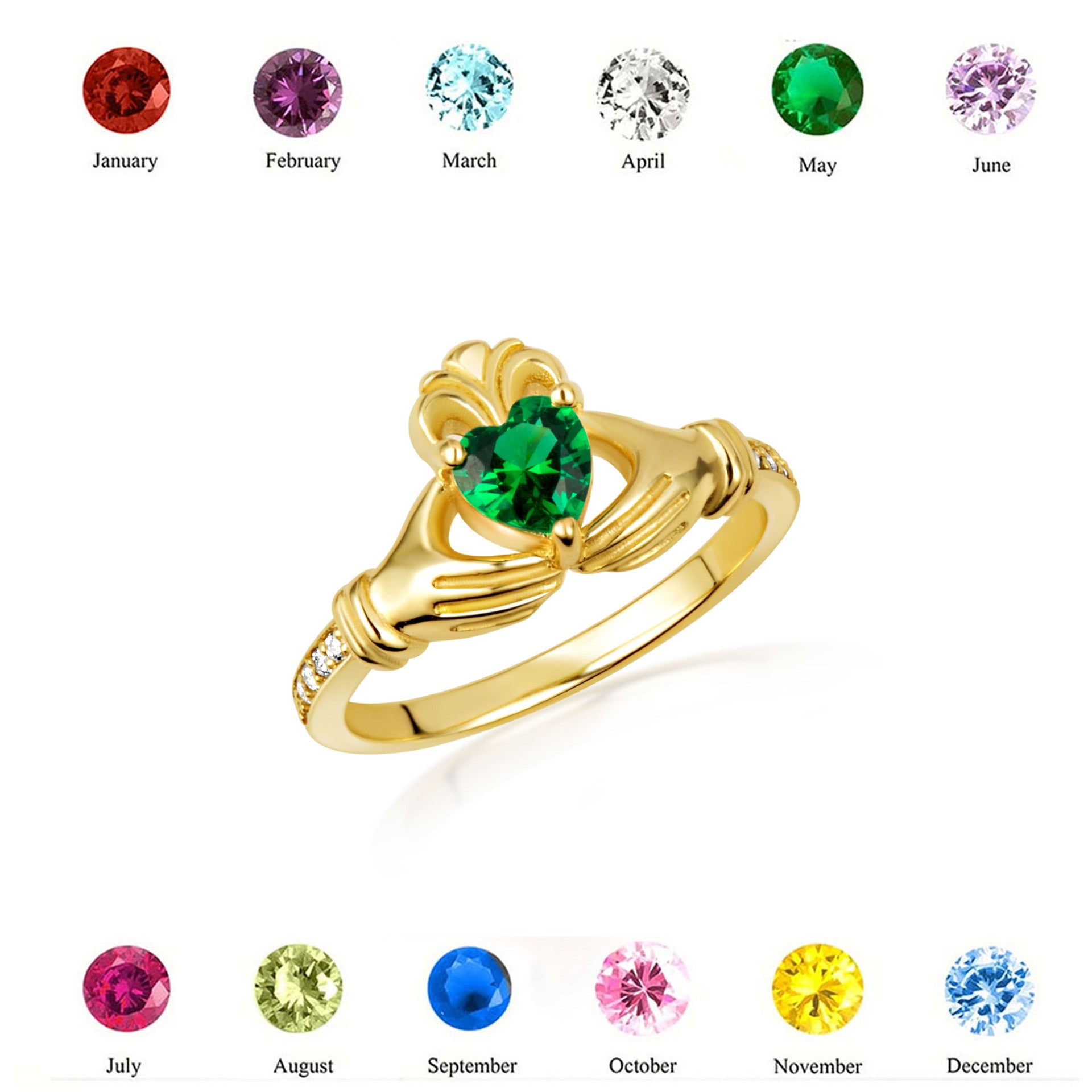 Gold Woman's Cherished Claddagh CZ Birthstone Ring with Diamonds (Available in Yellow/Rose/White Gold)