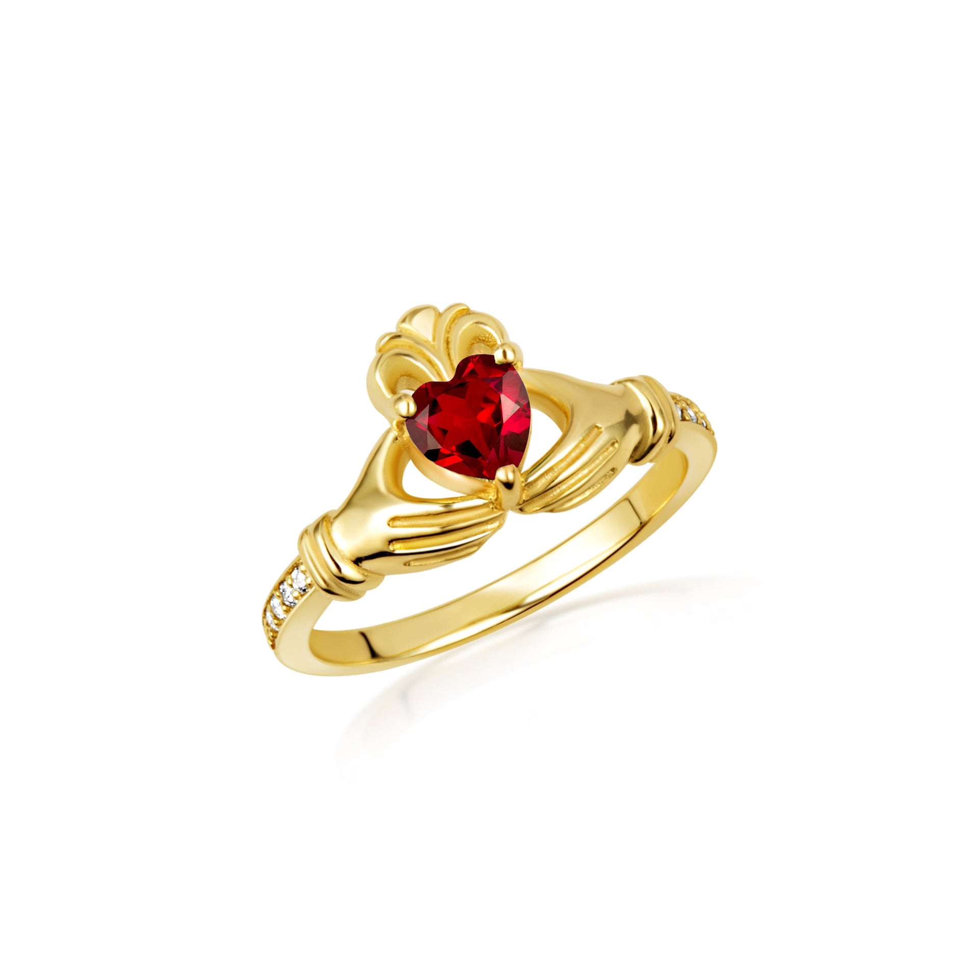 Gold Woman's Cherished Claddagh CZ Birthstone Ring with Diamonds (Available in Yellow/Rose/White Gold)
