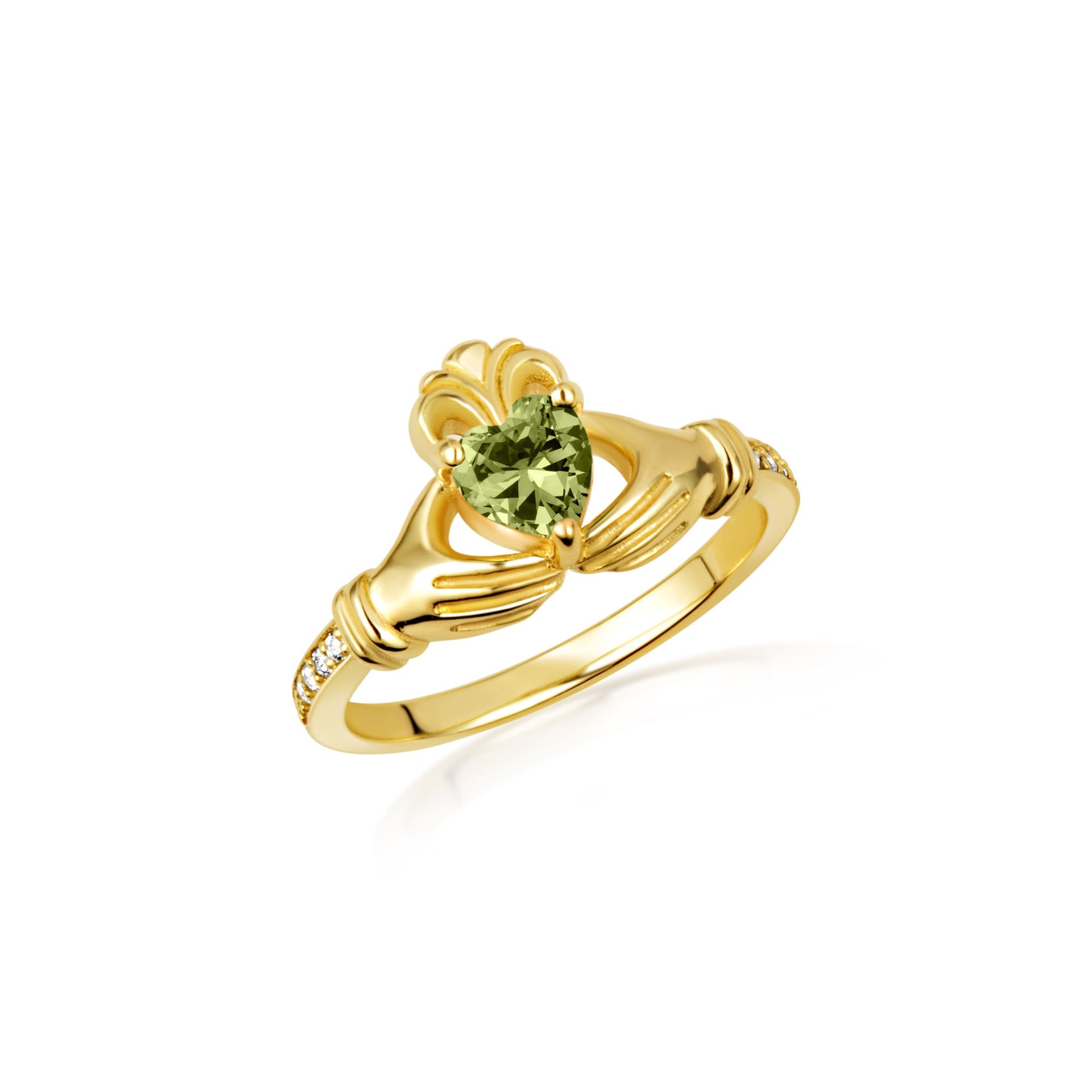 Gold Woman's Cherished Claddagh CZ Birthstone Ring with Diamonds (Available in Yellow/Rose/White Gold)