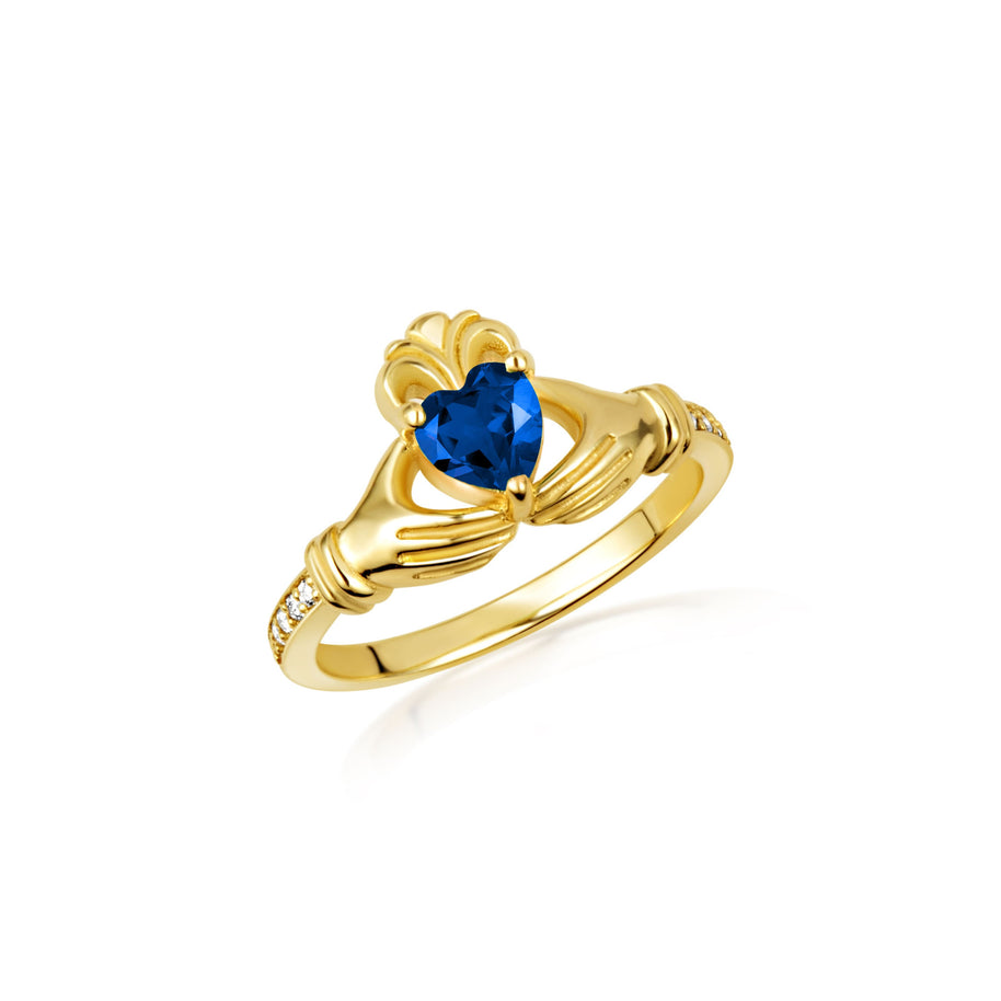 Gold Woman's Cherished Claddagh CZ Birthstone Ring with Diamonds (Available in Yellow/Rose/White Gold)