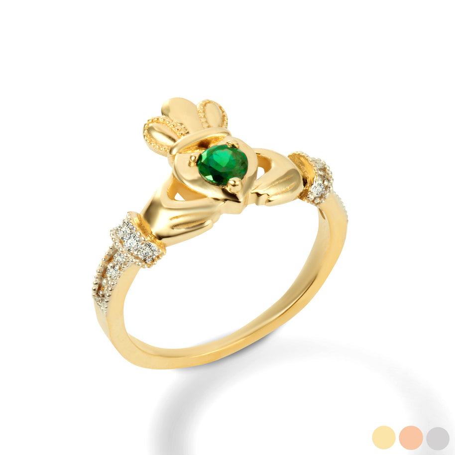 Gold Claddagh Love Heart Birthstone & Cubic Zirconia Friendship Ring (Available in Yellow/Rose/White Gold)