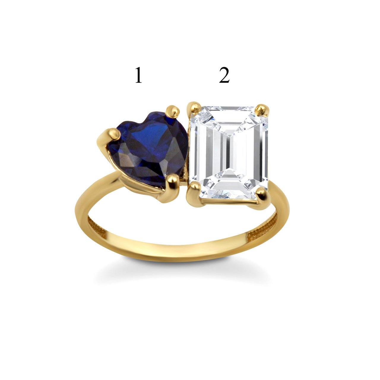 Gold Custom Toi et Moi Heart & Emerald Cut Birthstone Engagement Ring (Available in Yellow/Rose/White Gold)