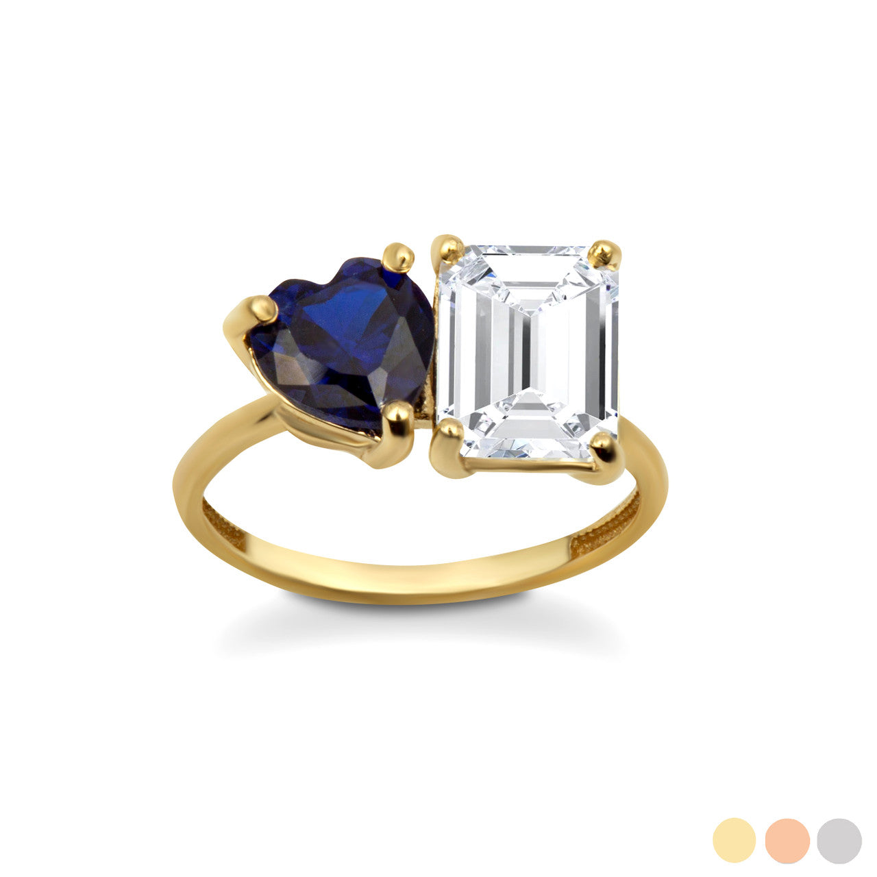 Gold Custom Toi et Moi Heart & Emerald Cut Birthstone Engagement Ring (Available in Yellow/Rose/White Gold)