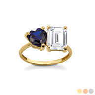 Gold Custom Toi et Moi Heart & Emerald Cut Birthstone Engagement Ring (Available in Yellow/Rose/White Gold)