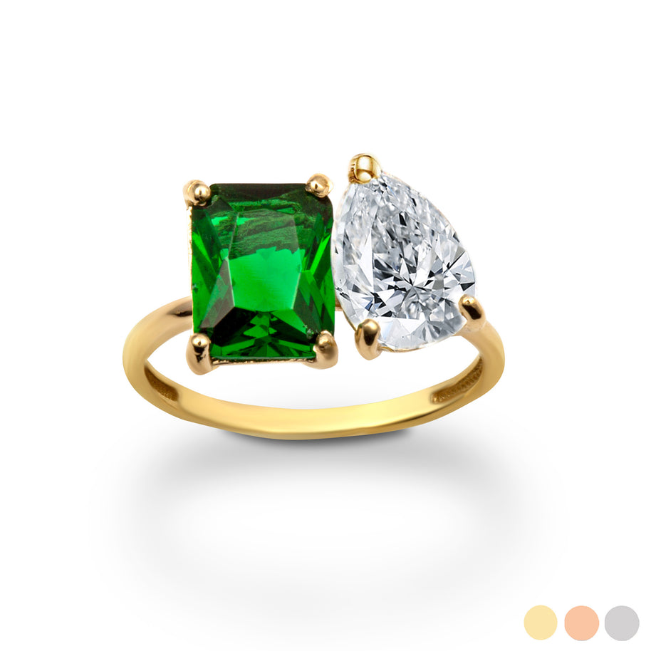 Gold Custom Toi et Moi Pear & Emerald Cut Birthstone Engagement Ring (Available in Yellow/Rose/White Gold)