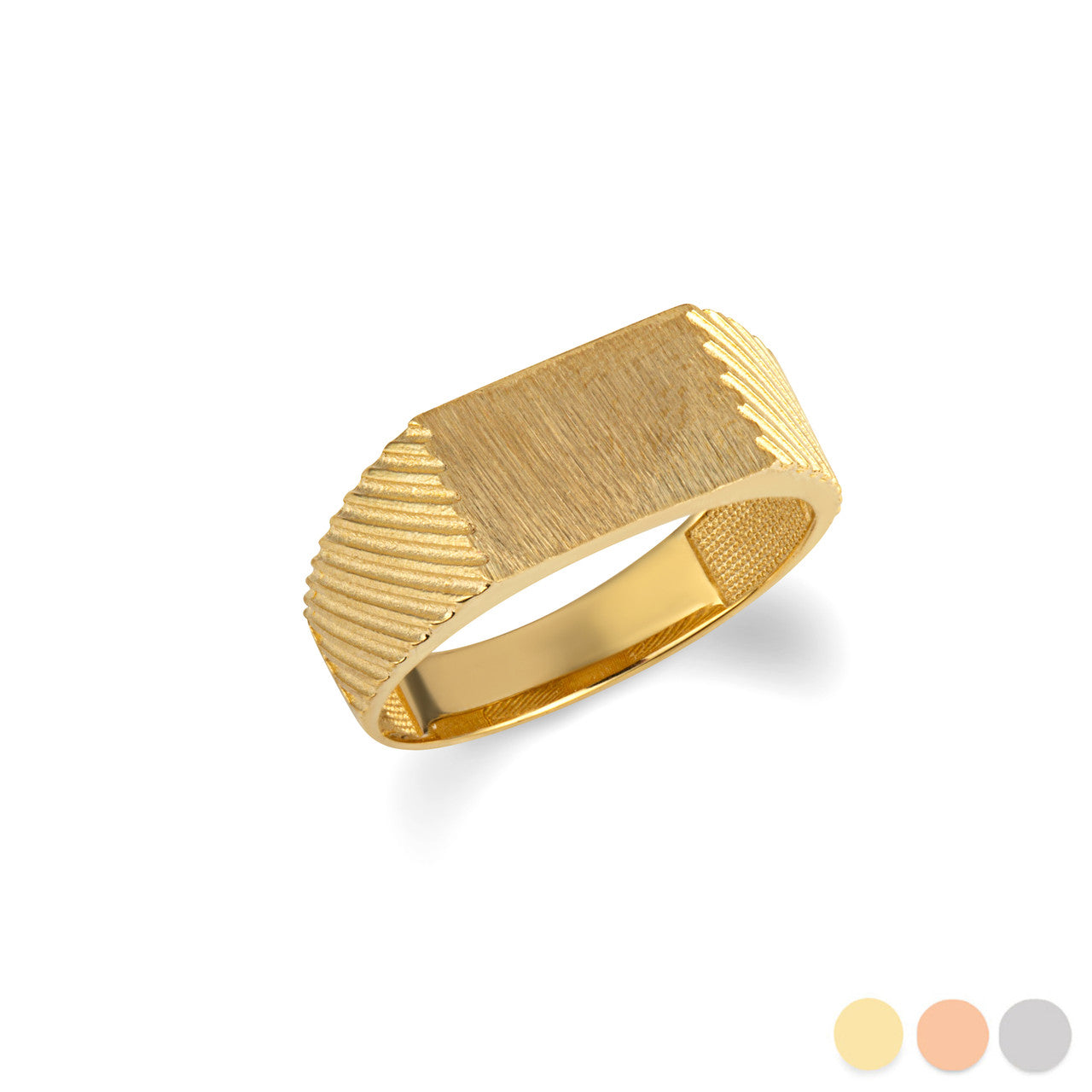 Gold Rectangle Striped Engravable Signet Ring (Available in Yellow/Rose/White Gold)