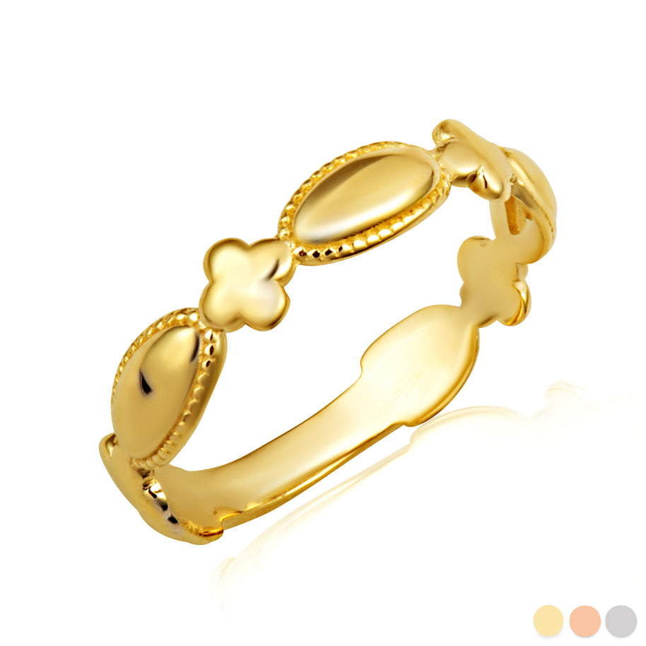 Gold Beaded Marquise and Cross Eternity Band Ring (Available in Yellow/Rose/White Gold)