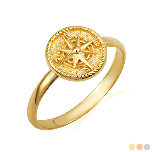 Gold Nautical Compass Rose Rope Signet Ring (Available in Yellow/Rose/White Gold)