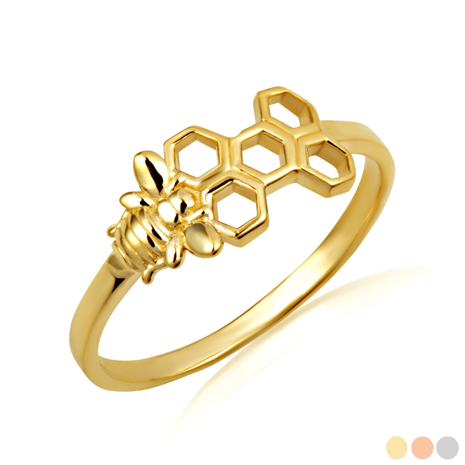 Gold Honeycomb Bee Ring (Available in Yellow/Rose/White Gold)