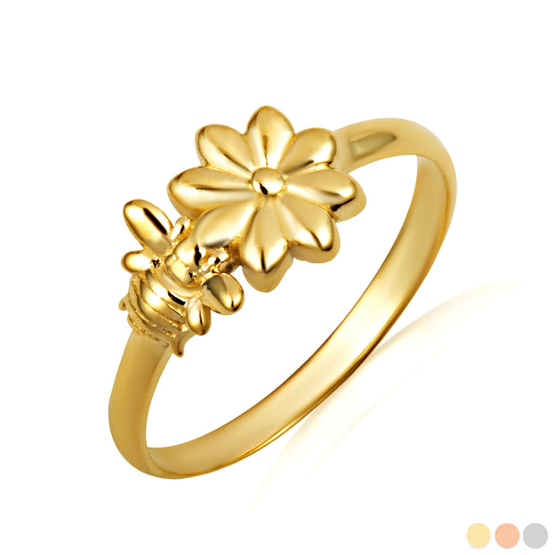 Gold Daisy Flower Bee Ring (Available in Yellow/Rose/White Gold)