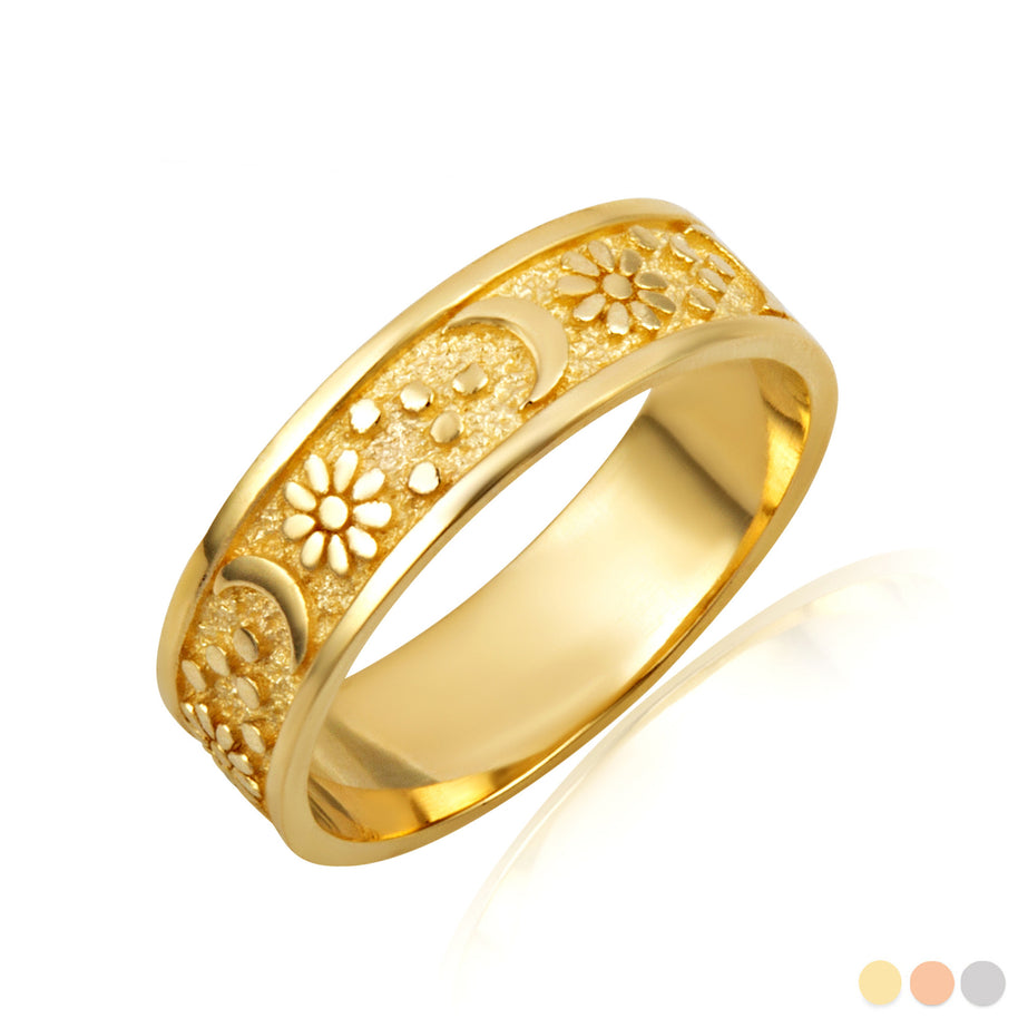 Gold Daisy Flower Moon Textured Band Ring (Available in Yellow/Rose/White Gold)