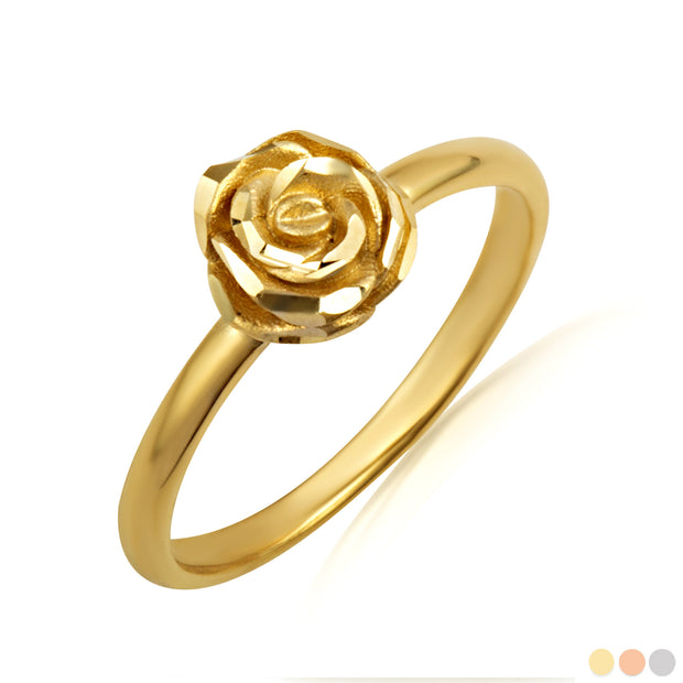 Gold Diamond Cut Rose Flower Ring (Available in Yellow/Rose/White Gold)