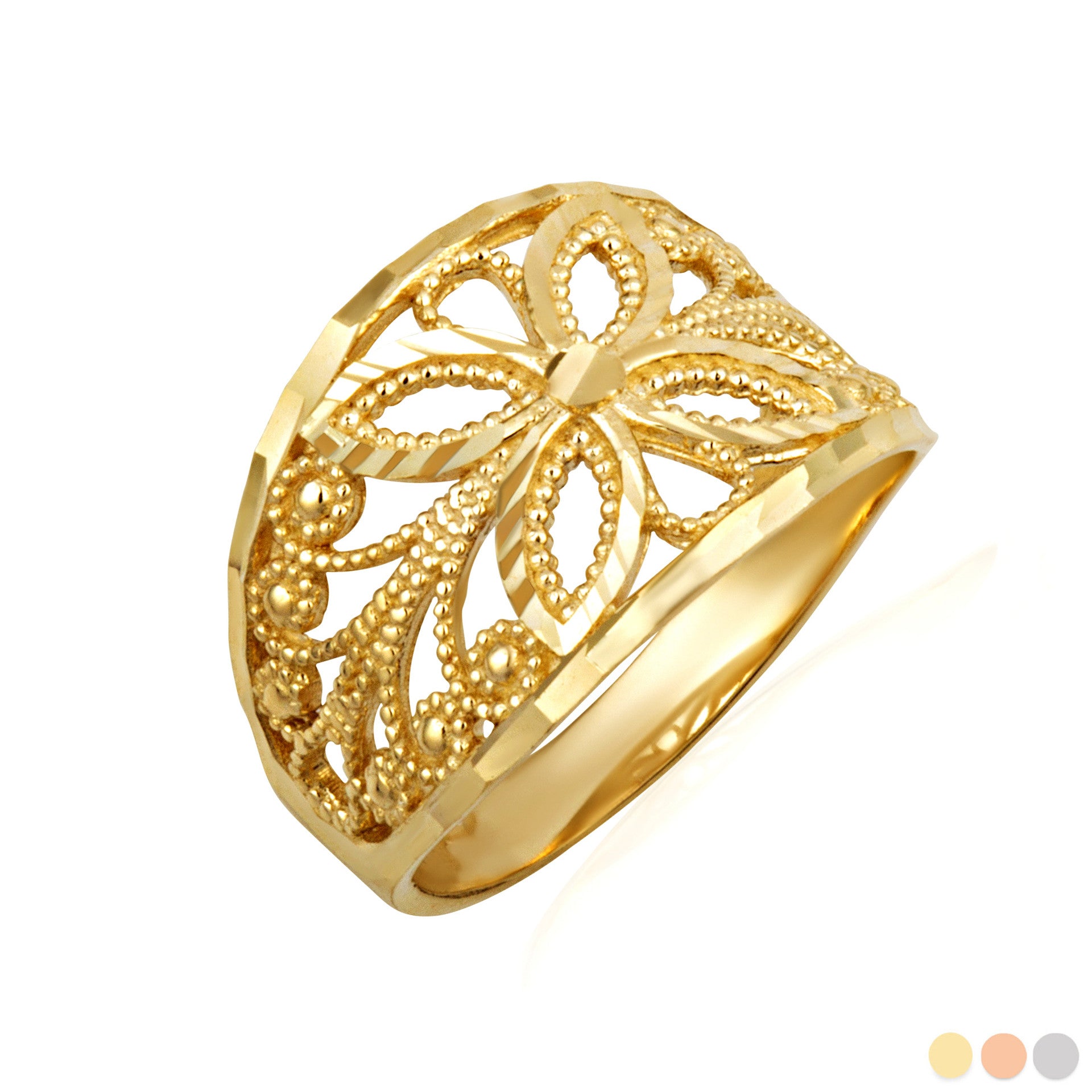Gold Diamond Cut Filigree Butterfly Band Ring (Available in Yellow/Rose/White Gold)