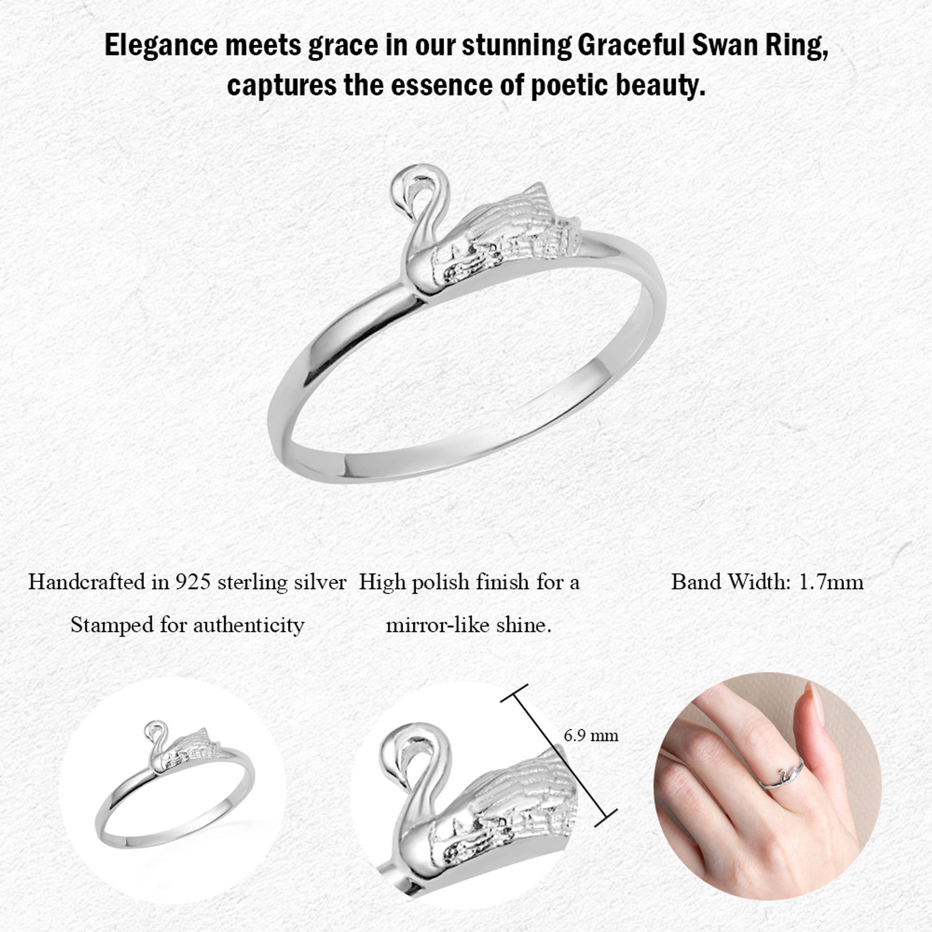 .925 Sterling Silver Elegant Swan Ring