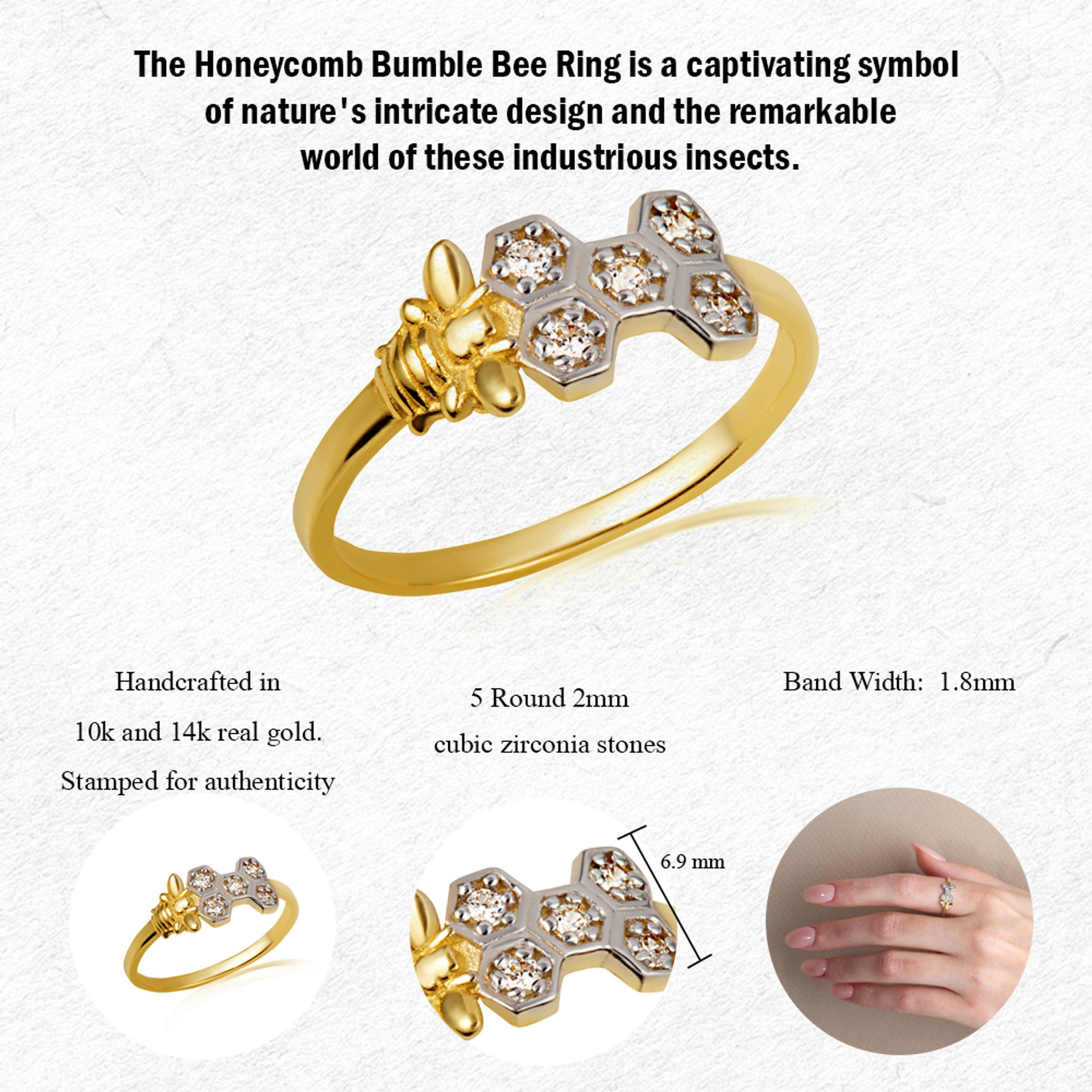 Two-Tone Gold Studded Honeycomb Bumble Bee Ring (Available in Yellow/Rose/White Gold)