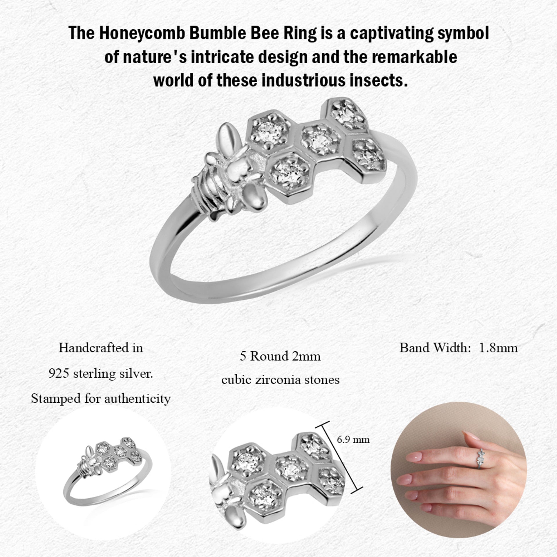 .925 Sterling Silver Studded Honeycomb Bumble Bee Ring