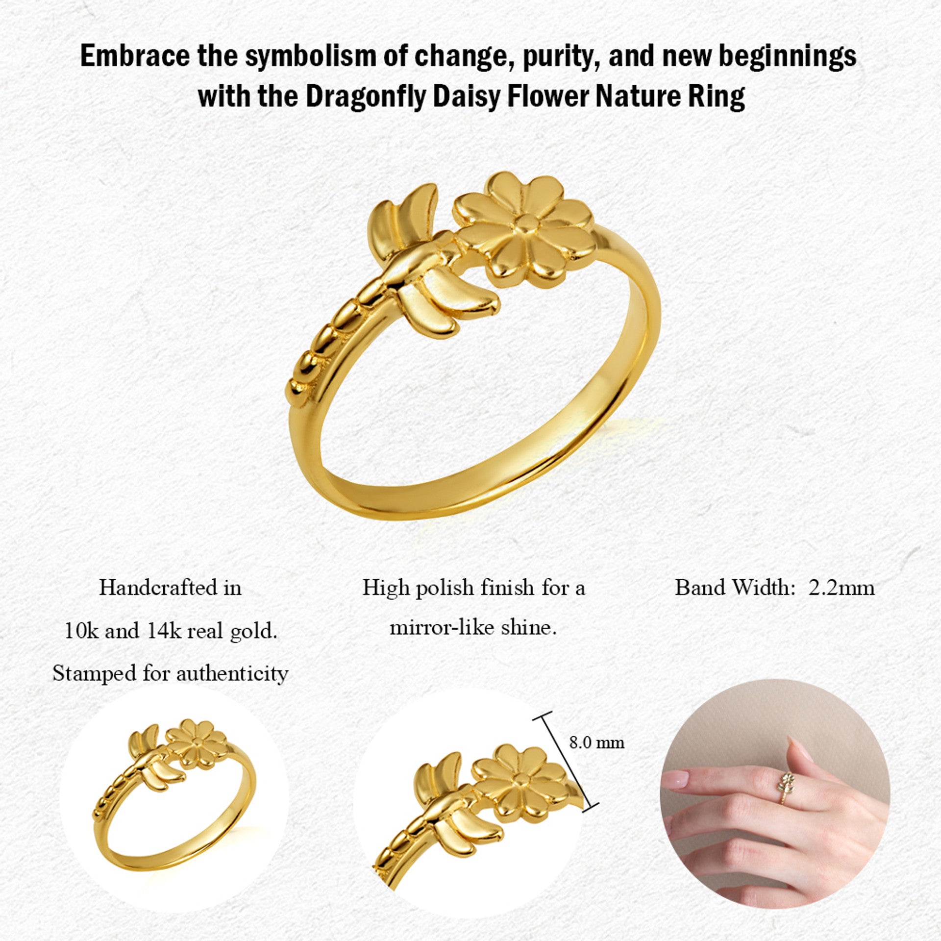 Gold Dragonfly Daisy Flower Nature Ring (Available in Yellow/Rose/White Gold)