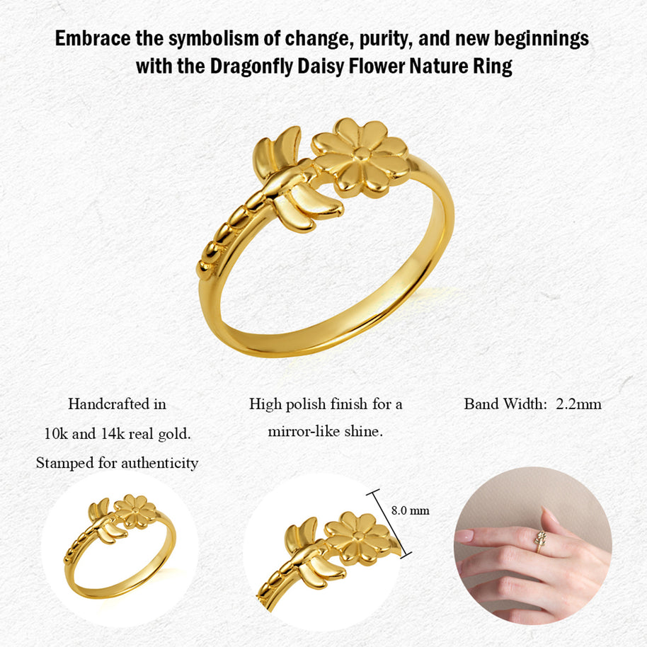 Gold Dragonfly Daisy Flower Nature Ring (Available in Yellow/Rose/White Gold)