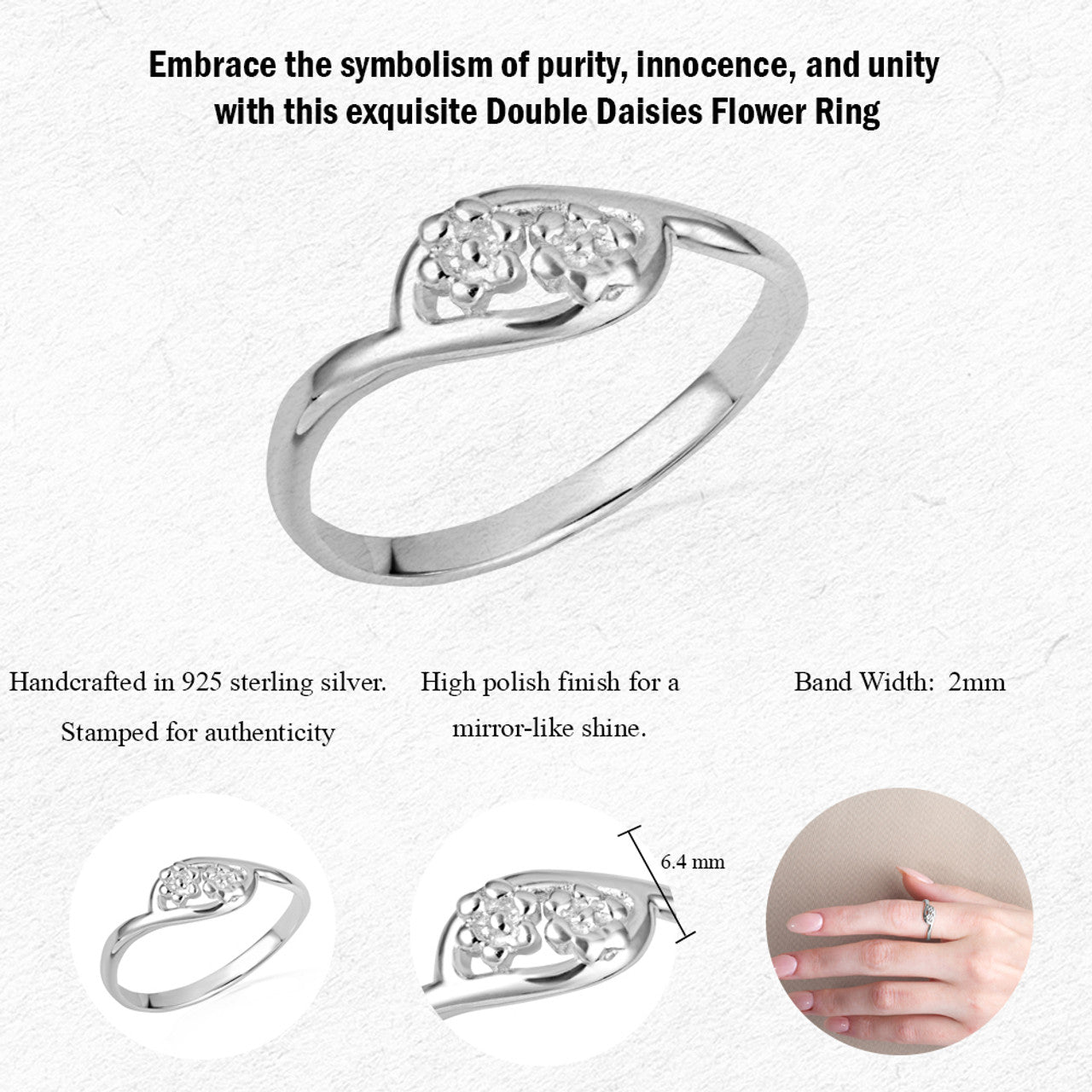 925 Sterling Silver Flower Daisy Band Ring