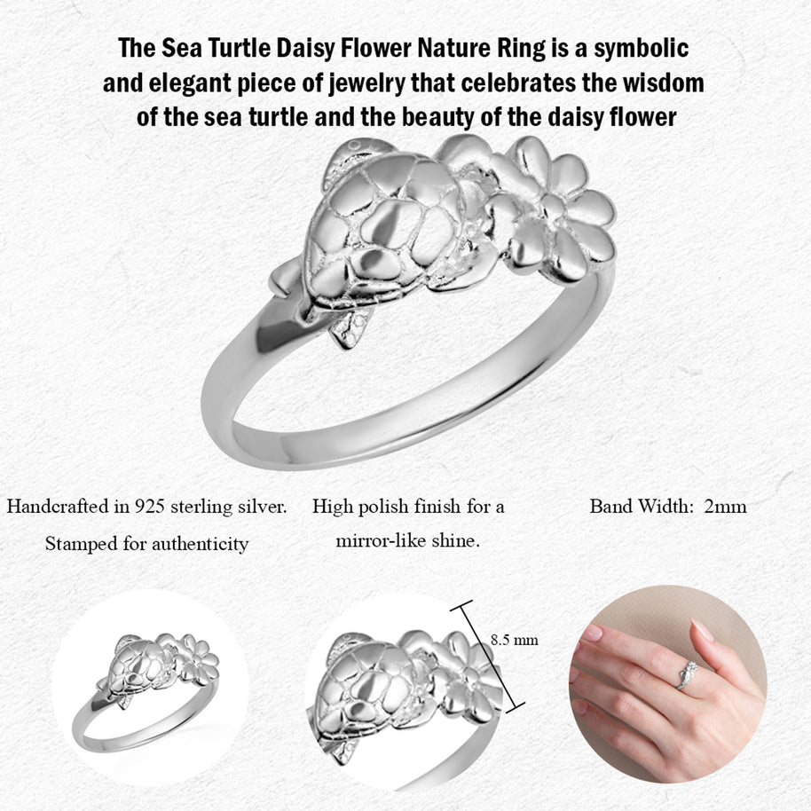 .925 Sterling Silver Sea Turtle Daisy Flower Nature Ring