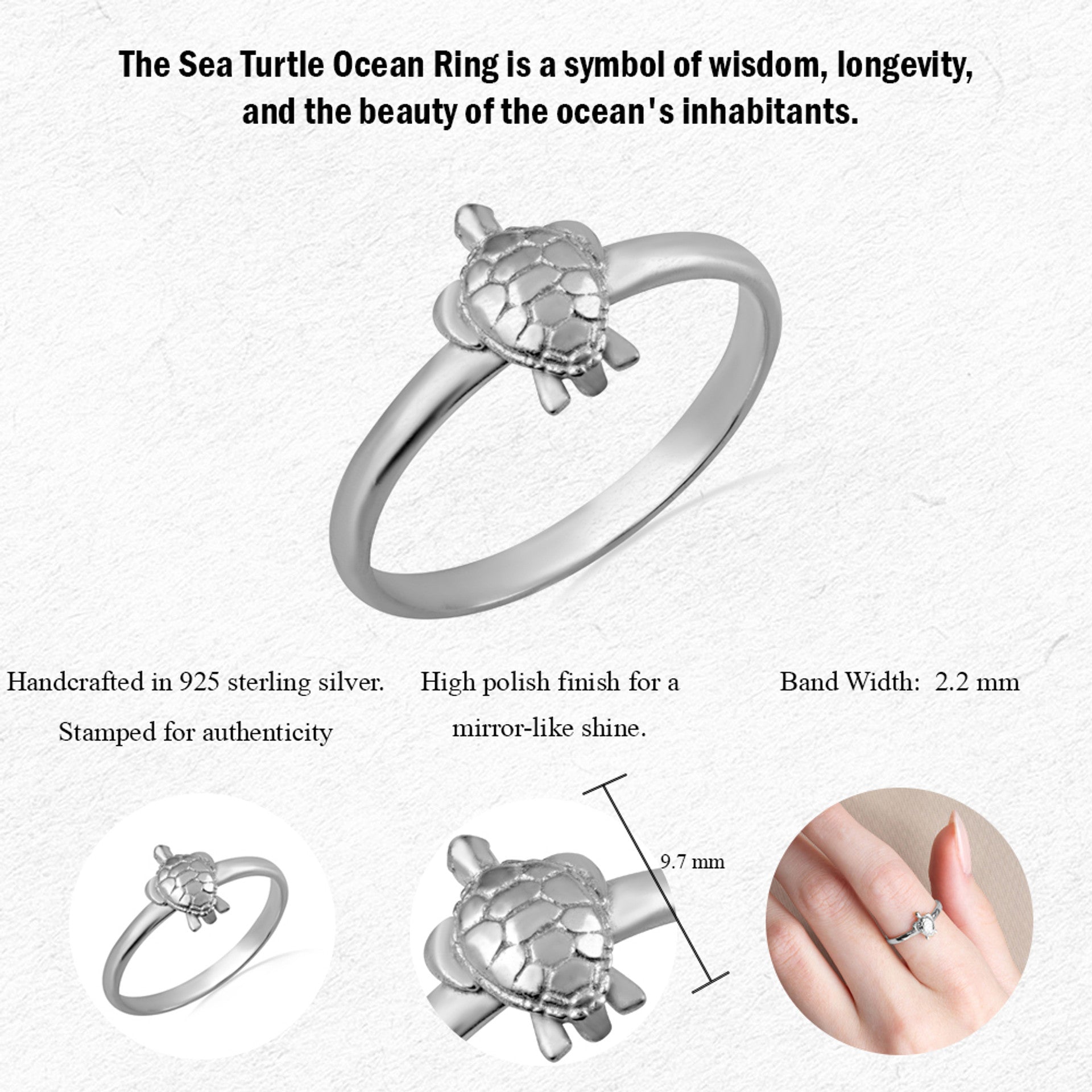 .925 Sterling Silver Marine Sea Turtle Ring