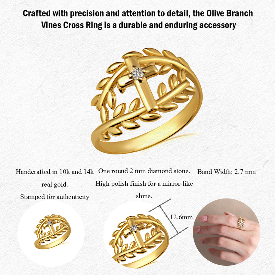 Gold Diamond Cross Olive Branch Vines Wraparound Ring (Available in Yellow/Rose/White Gold)