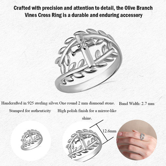 .925 Sterling Silver Cubic Zirconia Cross Olive Branch Vines Wraparound Ring