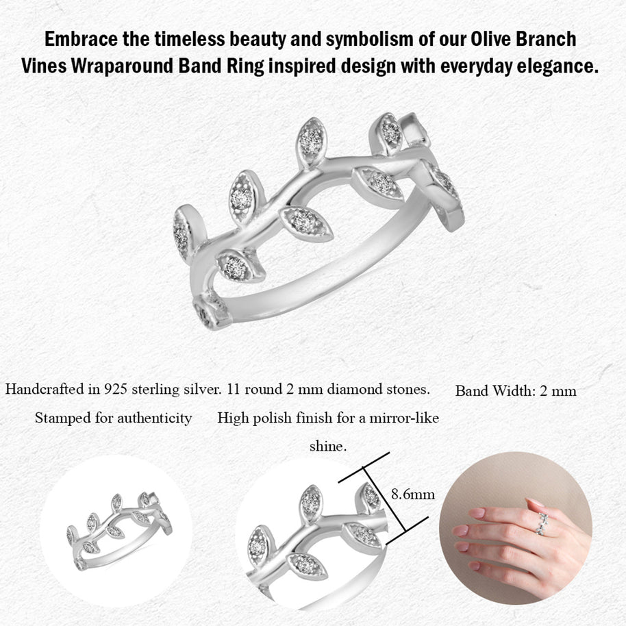 .925 Sterling Silver Studded Olive Branch Vines Band Ring