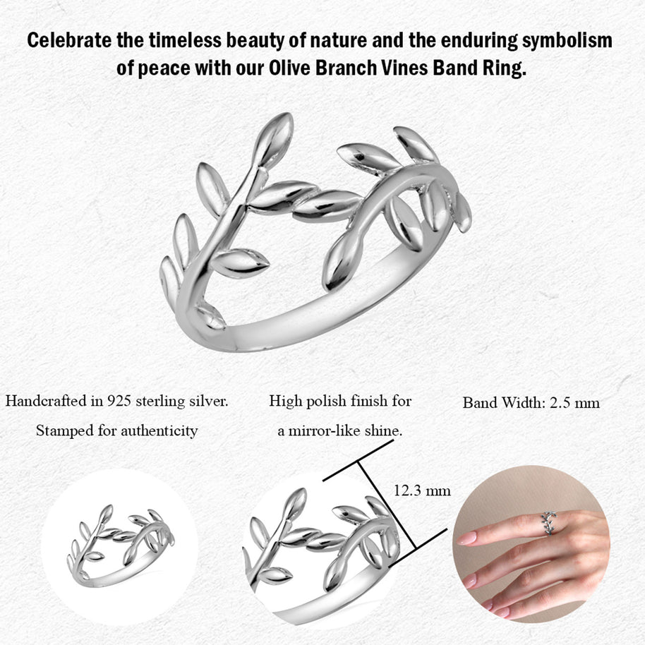.925 Sterling Silver Olive Branch Vines Band Ring