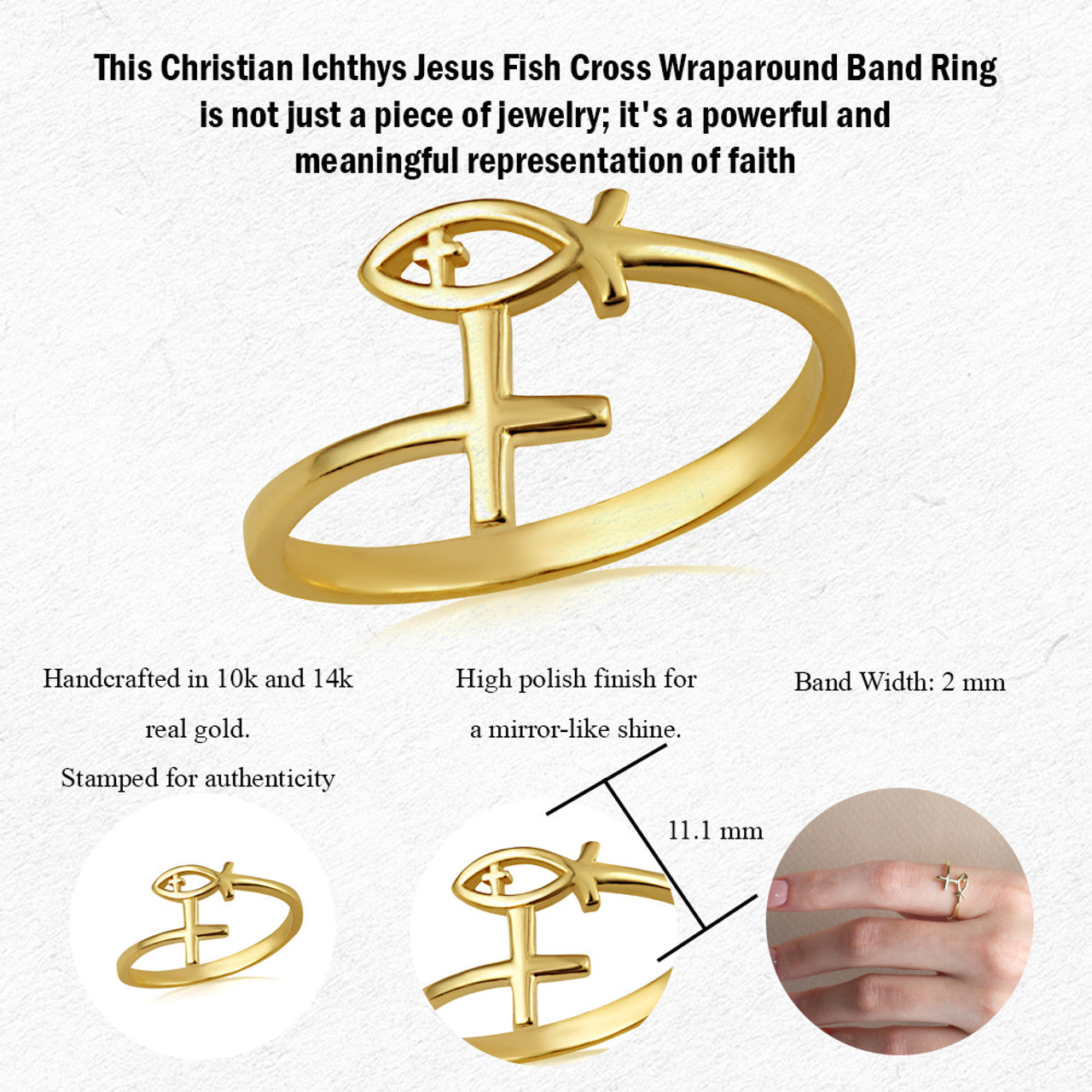 Gold Christian Ichthys Jesus Fish Cross Wraparound Band Ring (Available in Yellow/Rose/White Gold)