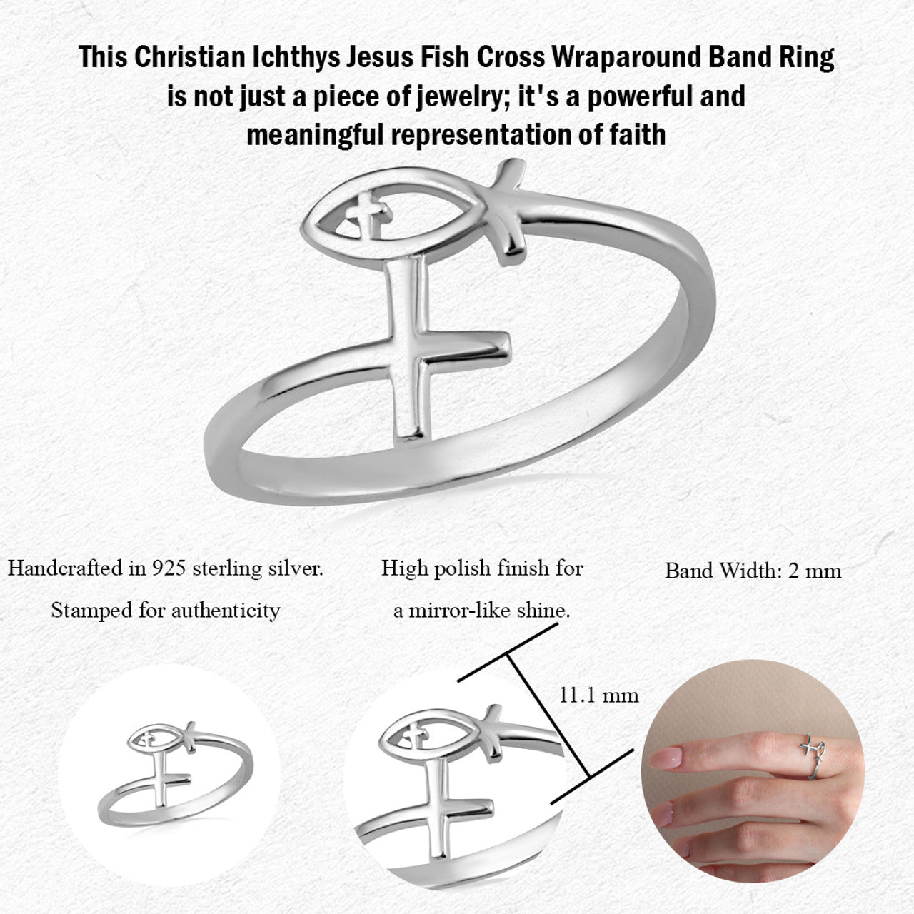 .925 Sterling Silver Christian Ichthys Jesus Fish Cross Wraparound Band Ring