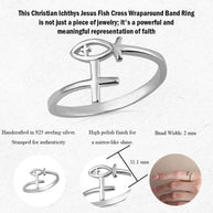 .925 Sterling Silver Christian Ichthys Jesus Fish Cross Wraparound Band Ring