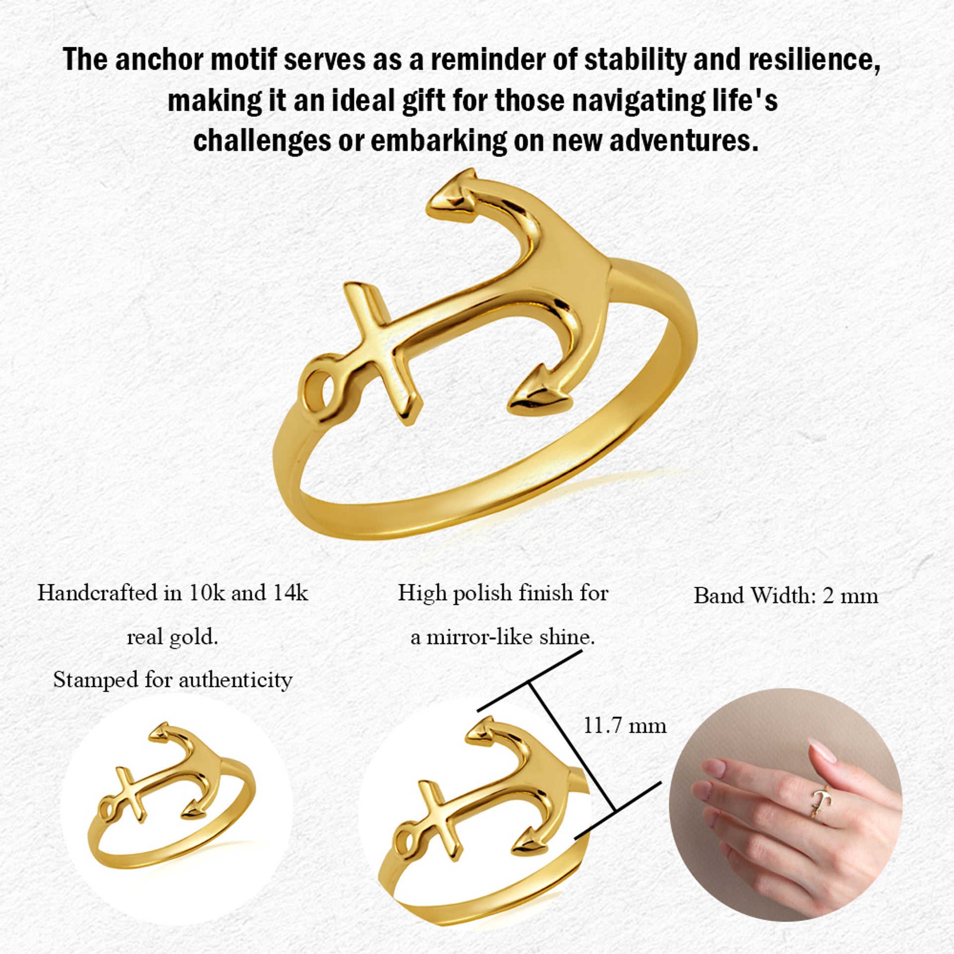 Solid Gold Nautical Anchor Band Ring (Available in Yellow/Rose/White Gold)