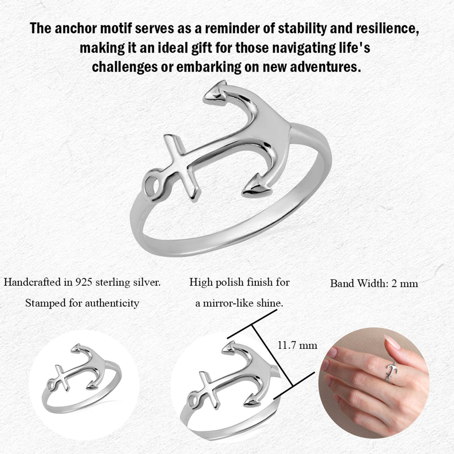 .925 Sterling Silver Nautical Anchor Band Ring