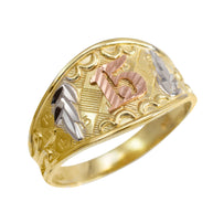 Tri-Color Gold Diamond Cut 15 Años Quinceañera Textured Band Ring