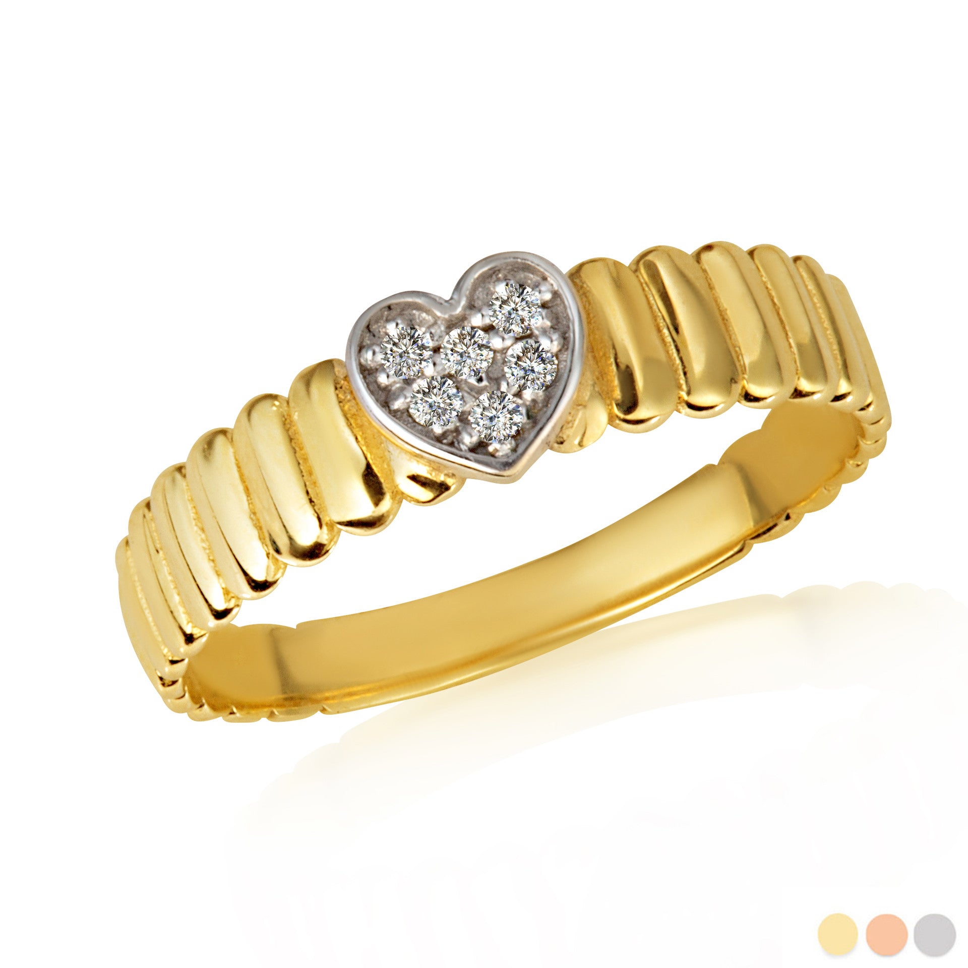 Gold Diamond Studded Heart Ribbed Band Ring (Available in Yellow/Rose/White Gold)